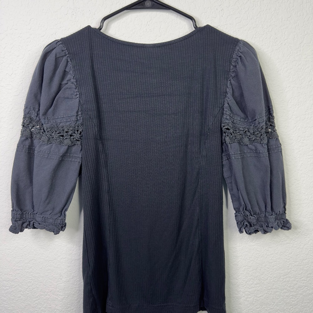 Free People Shirt S Black Ribbed Puff Sleeve Crochet Lace Romantic Goth Boho - Picture 4 of 8